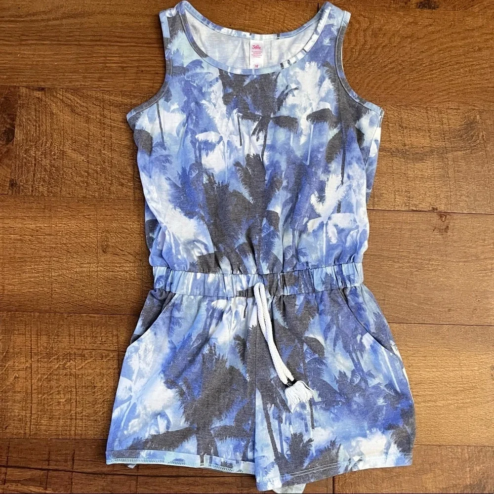Justice girls one piece romper Sz 10 🌴 palm trees pocket blue white black